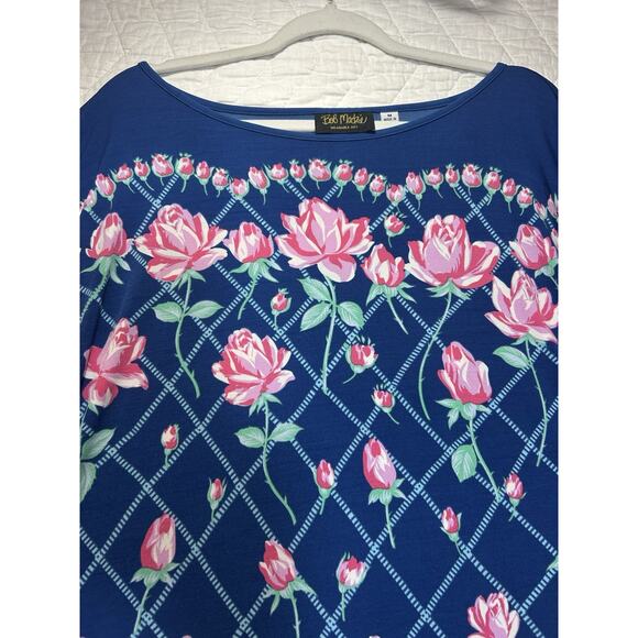 Bob Mackie Liquid Knit Top M Blue Slinky Floral 3/4 Flare Sleeves Resort Modest - Picture 2 of 7